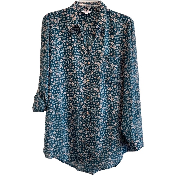 Candie's Parisian Ditsy Floral Adjustable Sleeves Button Up Split Hem Tunic XL - Picture 2 of 16